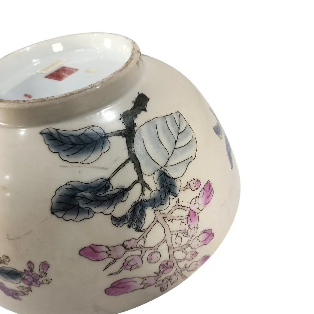 Vintage Chinese Porcelain Floral Decorative Bowl Hand Painted Pink Blue 8 Inch